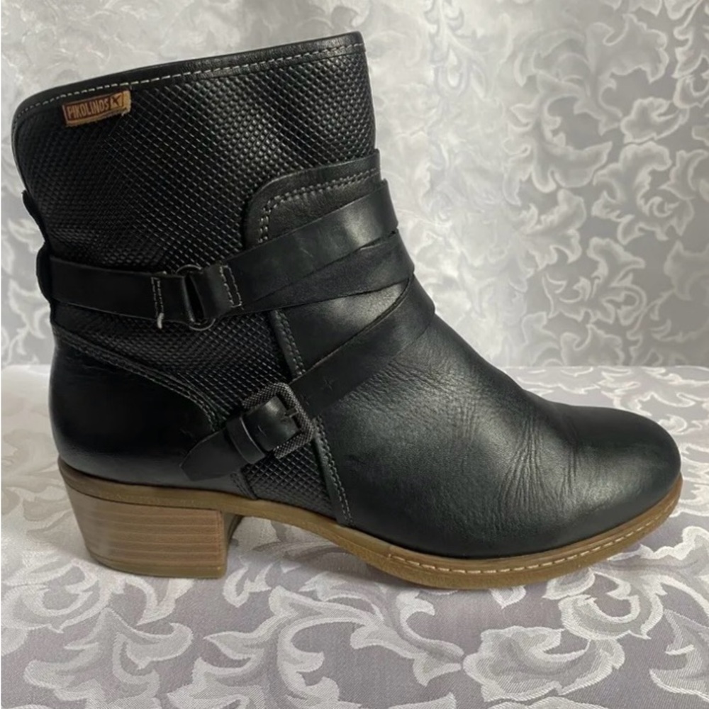 Pikolinos Zaragoza Mid Heel Ankle Boots With Buckles, Black Leather, Women’s 38 - Picture 1 of 16